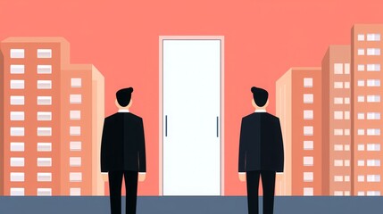 Fototapeta premium Conflict office diversity. Two men in suits stand before a large door, framed by urban buildings, symbolizing opportunity and choice against a vibrant pink backdrop.