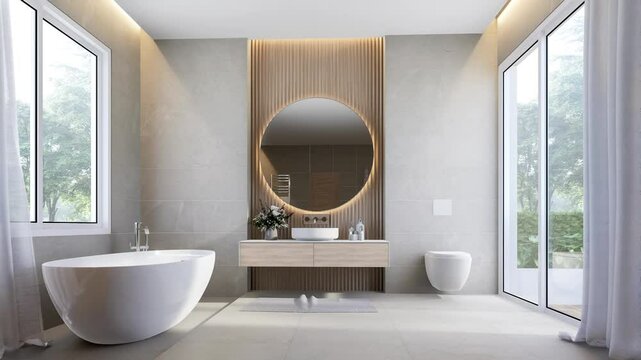 Animation of modern contemporary bathroom with terrace and nature view 3d render, There are marble tile floor and wall large window overlooking garden view