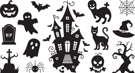 Obraz premium Happy Halloween set of black silhouette vector illustration isolated On Transparent Background