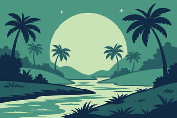Tropical Night Serenity Moonlit River and Starry Sky Adobe Illustrator Artwork