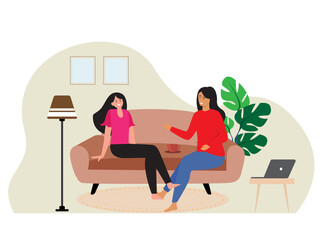 smiling woman friends happy female laughing gossiping comfortable couch people spending time together friendly conversation cartoon vector illustration clipart