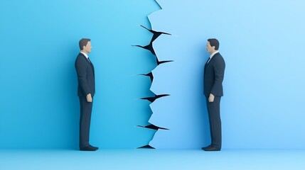 Fototapeta premium Conflict office diversity. Two businessmen face each other across a cracked wall, symbolizing division or conflict in a professional setting.