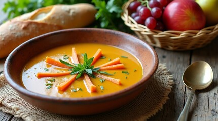 Leek soup decorated with fresh vegetables 