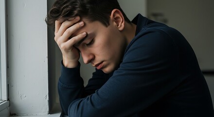Sad Young Man Contemplating Near Window, Soft Light Portrait