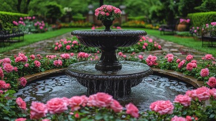 Fototapeta premium Serene Garden Fountain with Pink Roses