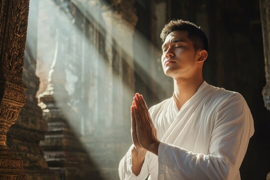 Contemplative Devotion: A man, bathed in ethereal sunlight, folds his hands in a serene gesture of prayer, his gaze fixed in peaceful contemplation.