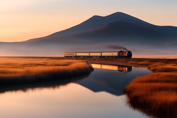 Freight train traversing a picturesque mountain landscape at sunrise with the train s reflection beautifully mirrored in the calm waters below