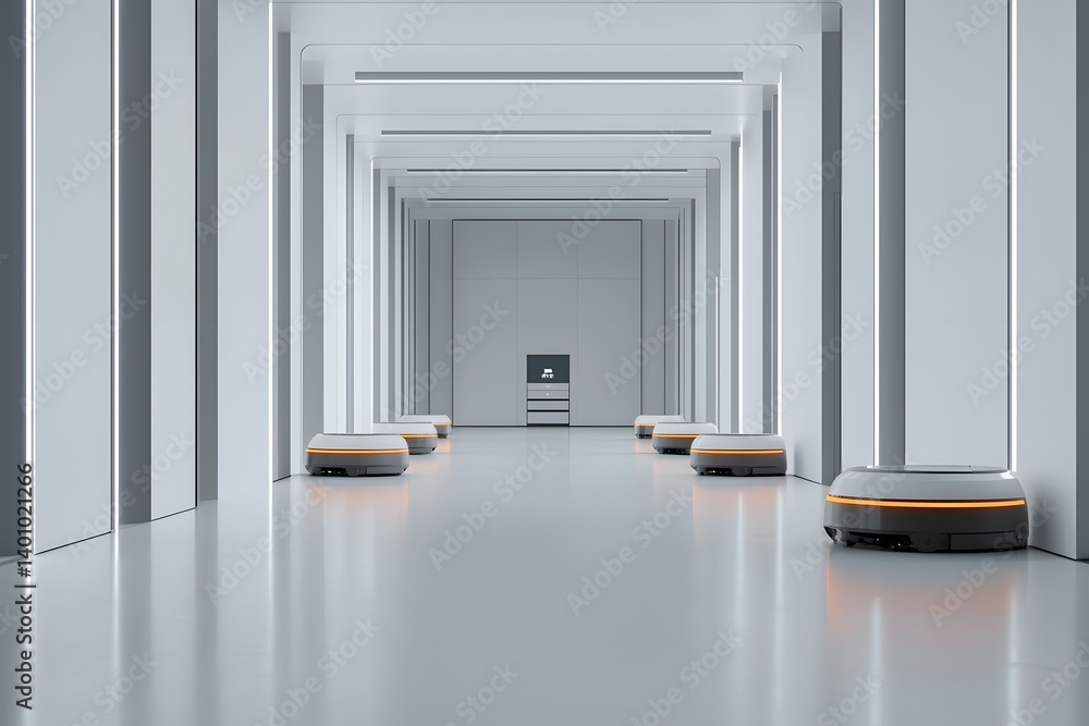 Aufkleber futuristic autonomous delivery robots navigating a sleek modern warehouse interior with a clean mini