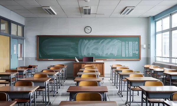 Empty classroom at a university or college or high school and the rooms have white walls and are decorated with wooden tables and chairs,The camera forward  the blackboard.4k video footage