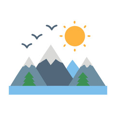 Scenic Mountain View with Sun and Birds Icon Design