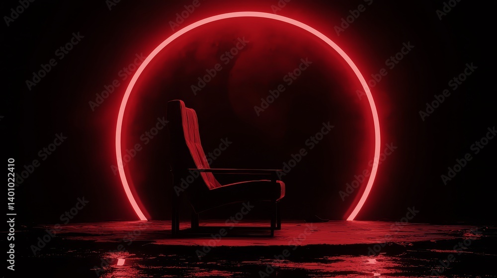 Aufkleber chair is sitting in front of a red circle. the scene is dark and mysterious