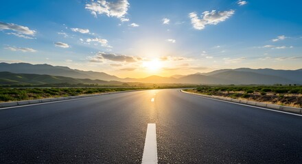 AI image Straight empty asphalt road stretches towards a vibrant sunrise over distant mountains and fields under a beautiful cloudy sky.