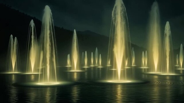 Circular jet fountains emerging from black lake at night, lit in green-gold, mist adds mystery, realistic cinematic depth, serene and haunting atmosphere.
