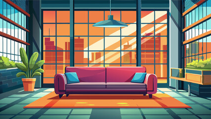 Three dimensional render of modern sofa standing in front of windows inside industrial loft © ehsanollah