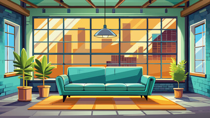 Three dimensional render of modern sofa standing in front of windows inside industrial loft © ehsanollah