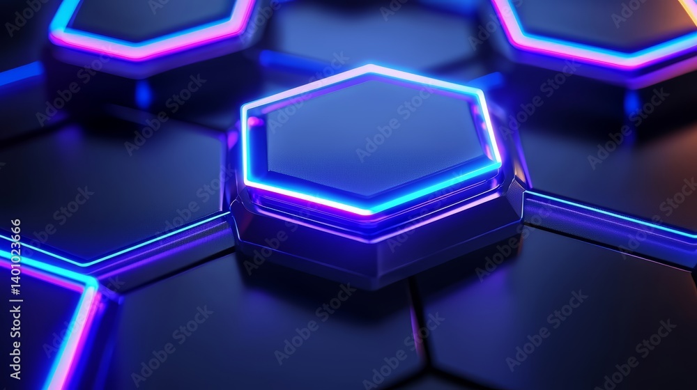 Aufkleber Close up of a blue and purple hexagon with neon lights. The hexagon is surrounded by other hexagons, creating a pattern. The image has a futuristic and technological feel to it