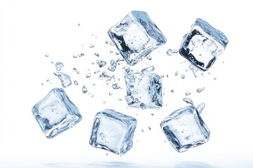 A clean image showing several ice cubes floating with water droplets on a white background plain studio shot
