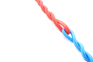 Rope, knot and tied with color in studio with nylon for equipment for safety with white background. Unity, connection and commitment with mockup for effort with technique for string with loop