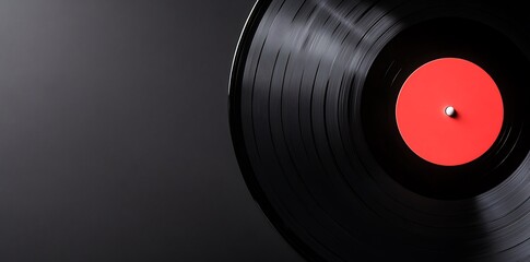 A close-up view of a vintage vinyl record with a red label, showcasing its grooves against a dark background.
