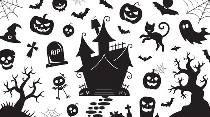 Fototapeta premium Happy Halloween set of black silhouette vector illustration isolated On Transparent Background