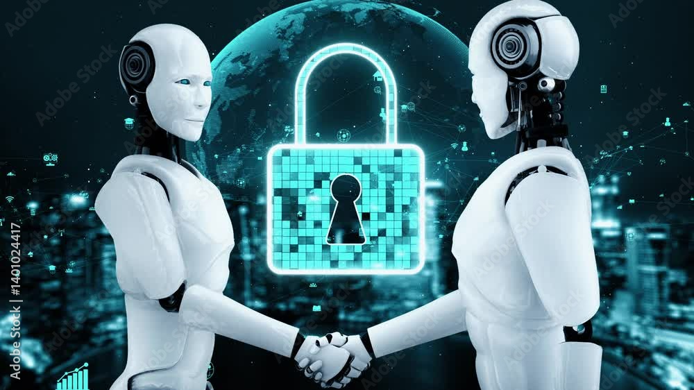Aufkleber ai robot huminoid uses cloud computing technology to store data on online server . futuristic concep