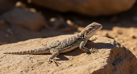 Fototapeta premium Small Spotted Lizard Basking on a Tan Rock in a Desert Setting