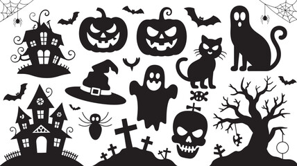 Happy Halloween set of black silhouette vector illustration isolated On Transparent Background