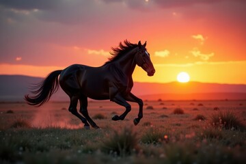 Dark horse runs freely in open landscape at sunset, nature, silhouette