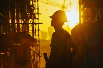 Silhouetted Construction Workers at Sundown