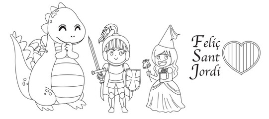 Black and white cartoon illustration featuring Saint Jordi’s tale characters including the dragon, knight, and princess. Coloring page for children to celebrate Catalonia's Saint George's holiday