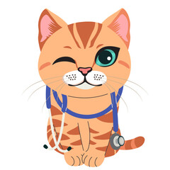 Cute cartoon illustration of a cat dressed as a veterinarian with a stethoscope, symbolizing pet care and animal health. Veterinary clinic mascot animal