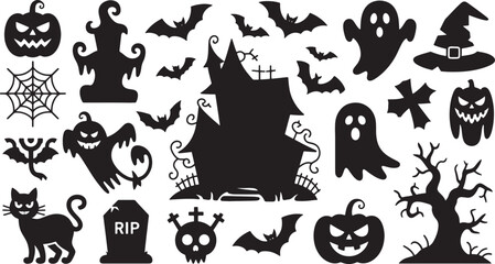 Obraz premium Happy Halloween set of black silhouette vector illustration isolated On Transparent Background