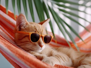 Charming cat in sunglasses lounging on a hammock embracing the relaxing vibe and playful nature of feline life