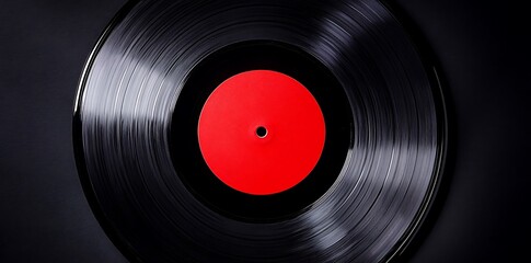 A close-up view of a vintage vinyl record with a red label, showcasing its grooves against a dark background.