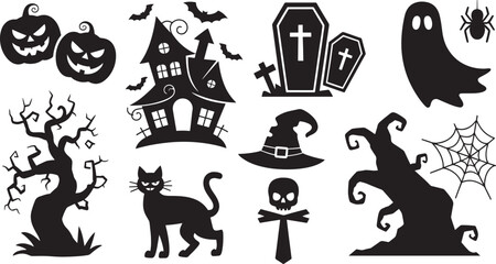 Fototapeta premium Happy Halloween set of black silhouette vector illustration isolated On Transparent Background