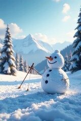 Fototapeta premium Snowy scene featuring a lone snowman with skis and ski poles in the distance, snowy, winter sports equipment