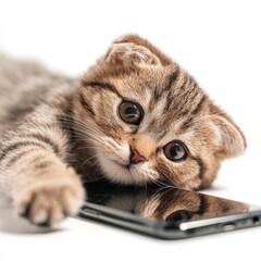 a cute kitten lying next to a phone