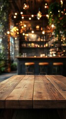 Rustic wooden table in a cozy bar with warm lighting and a vibrant atmosphere during the evening hours
