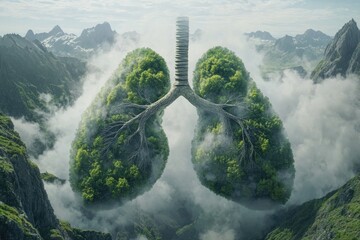 Conceptual image of lungs shaped like a forest with mountains and clouds in the background view