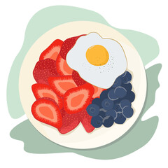 Healthy balanced food for lunch or dinner. Dish with fried egg, sliced strawberry and berry. Colored flat vector illustration isolated on white background
