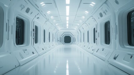 Obraz premium Futuristic corridor with white walls and bright lighting perspective view.