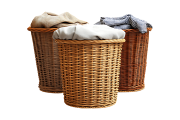 Three Stylish Laundry Baskets isolated on transparent background
