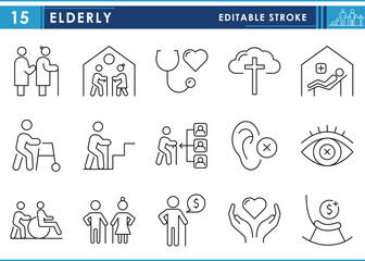 A set of line icons related to Elderly. Elder, old, healthcare, generation, problems, nursing, and so on. Vector editable stroke.