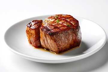 Grilled Beef Steak on White Plate with Grilling Marks and Garnish