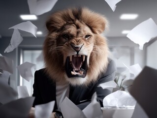 Furious lion dressed in a business suit tearing paper in a chaotic office environment illustrating power and strength