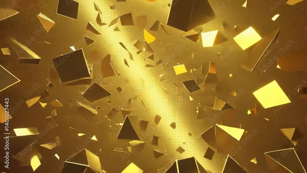 Poster dynamic golden geometric shapes floating with texture, background, shimmering squares and triangles,