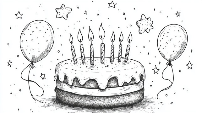 Hand-drawn birthday cake with candles balloons and stars a festive illustration for celebrations and greeting cards