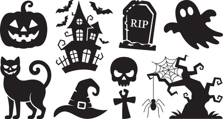 Happy Halloween set of black silhouette vector illustration isolated On Transparent Background