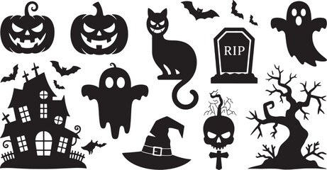 Happy Halloween set of black silhouette vector illustration isolated On Transparent Background