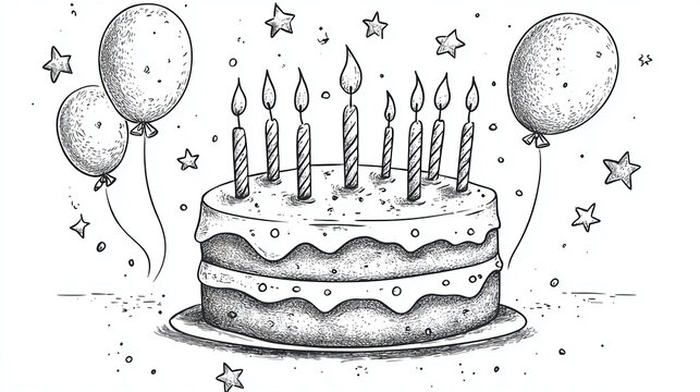 Hand-drawn birthday cake with candles and balloons monochrome sketch illustration for greeting cards invitations and party decorations - Powered by Adobe
